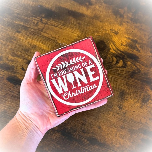 Basket Case Designs Red Wine Christmas Wood Block Sign Rustic Holiday Decor 4x4 - Picture 6 of 9
